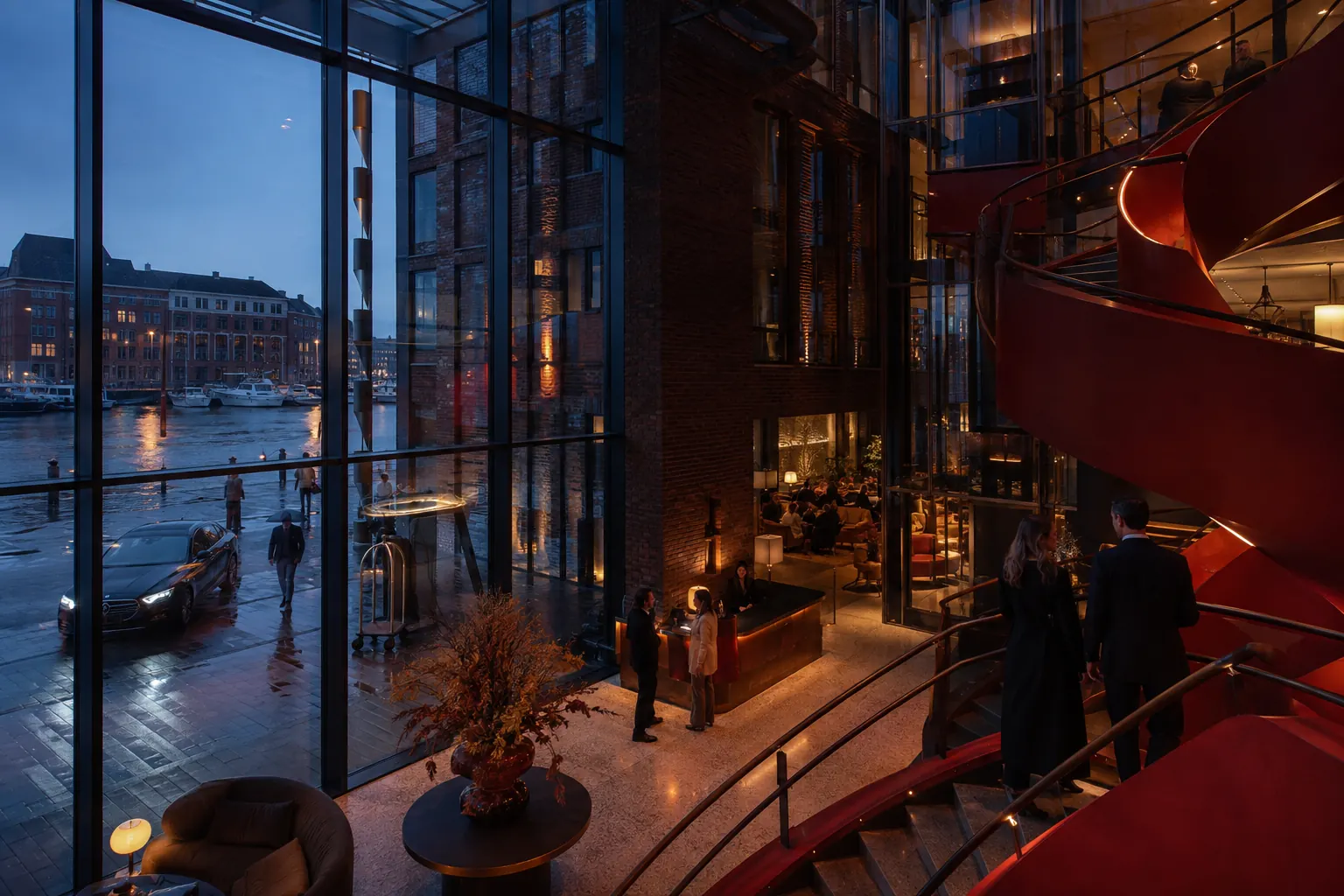 Glazen atrium van Holland Casino met een rode sculpturale trap aan het water