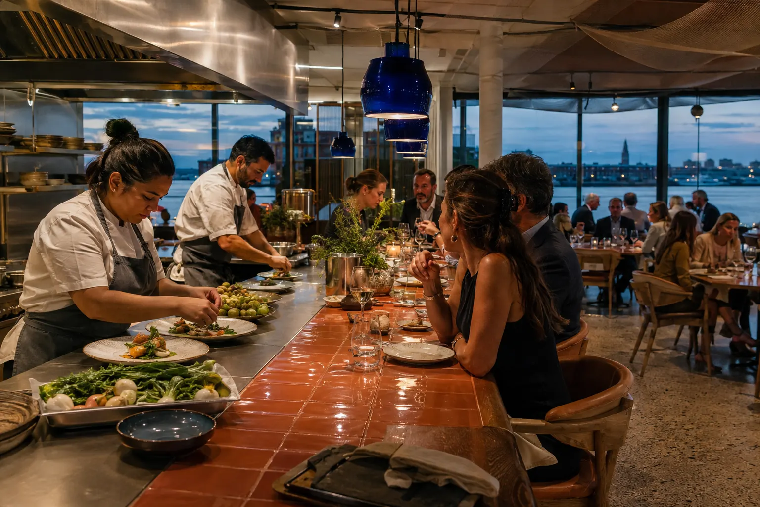 Open keuken met chefs aan een terracottakleurige counter