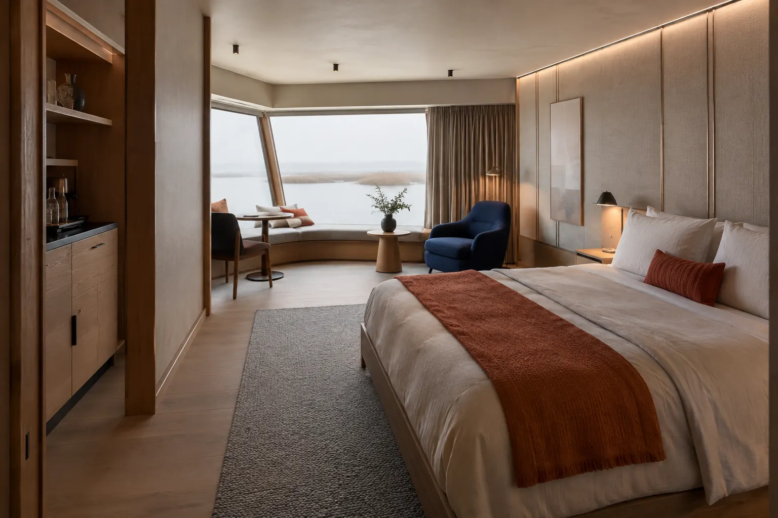 Suite met een gebogen raambank, kobaltblauwe fauteuil en uitzicht over riet en water